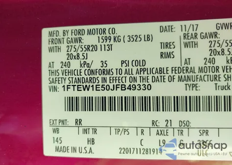 2018 Ford F-150 Lariat z USA, uszkodzony, nr VIN 1FTEW1E50JFB49330